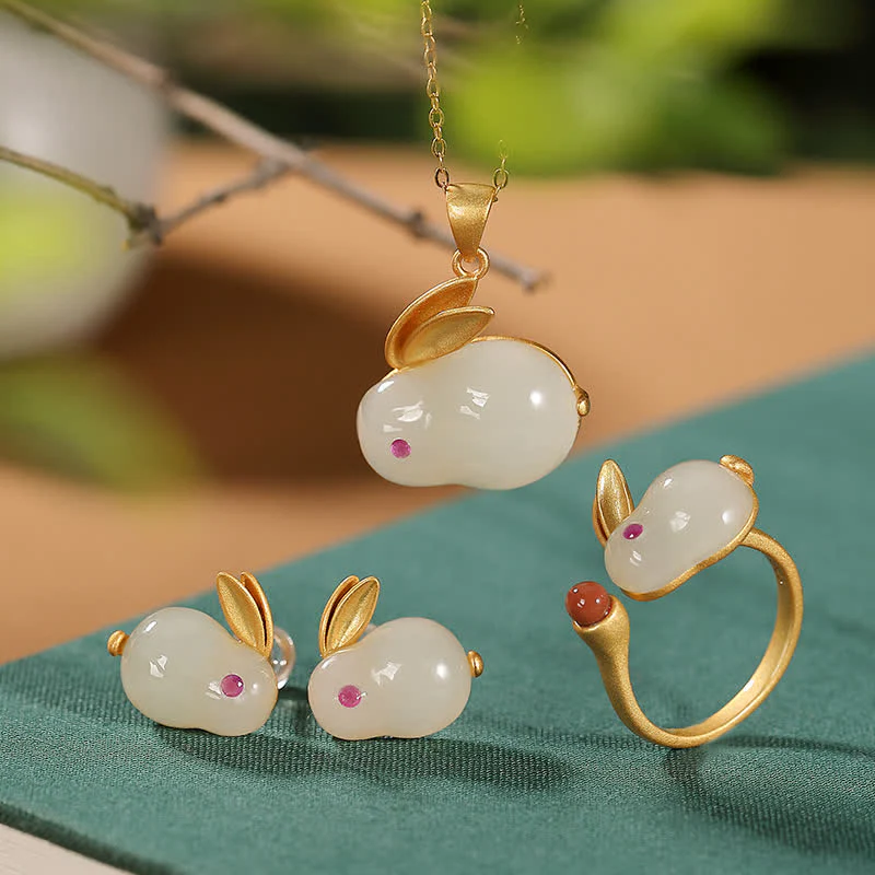 Mocoer 925 Sterling Silver Year of the Rabbit Hetian Jade Luck Ring Earrings Necklace Pendant - Mocoer