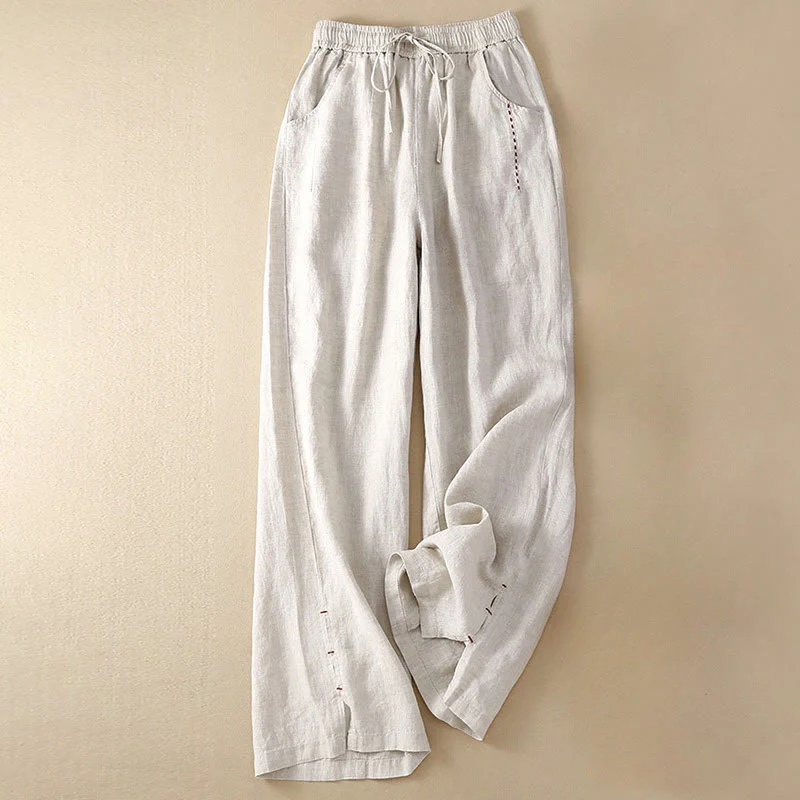 Mocoer Summer Casual Plain Color Embroidery Drawstring Cotton Linen Women's Wide Leg Pants With Pockets - Mocoer