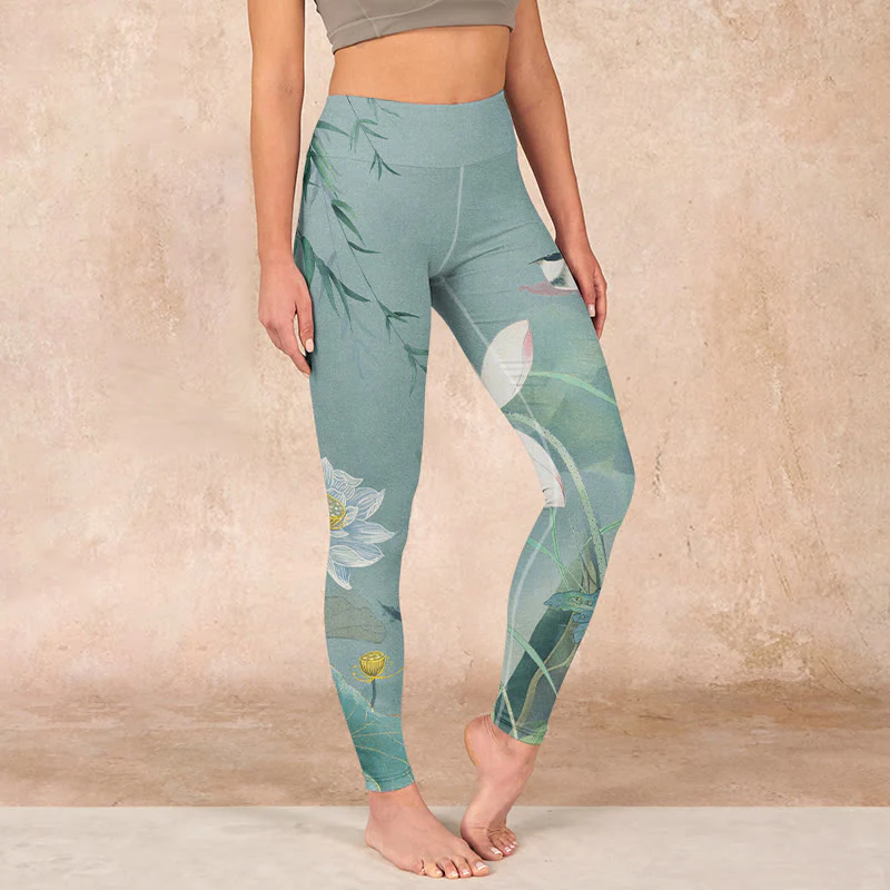 Mocoer Lotus Leaf Bird Print Gym Leggings Women's Yoga Pants - Mocoer