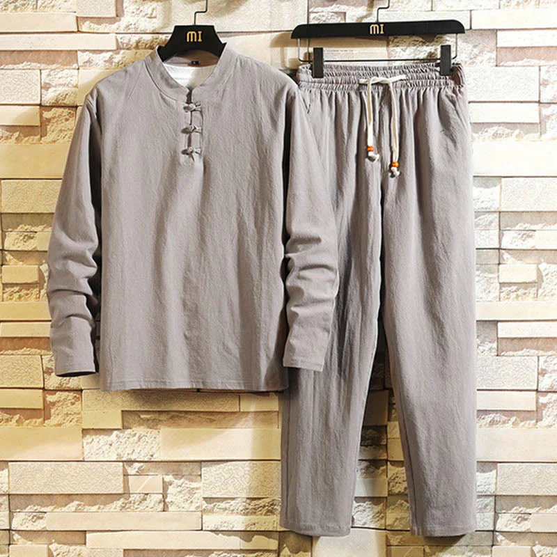 Mocoer Tang Suit Pure Color Frog-Button Long Sleeve Shirt Pants Cotton Men's Suit - Mocoer