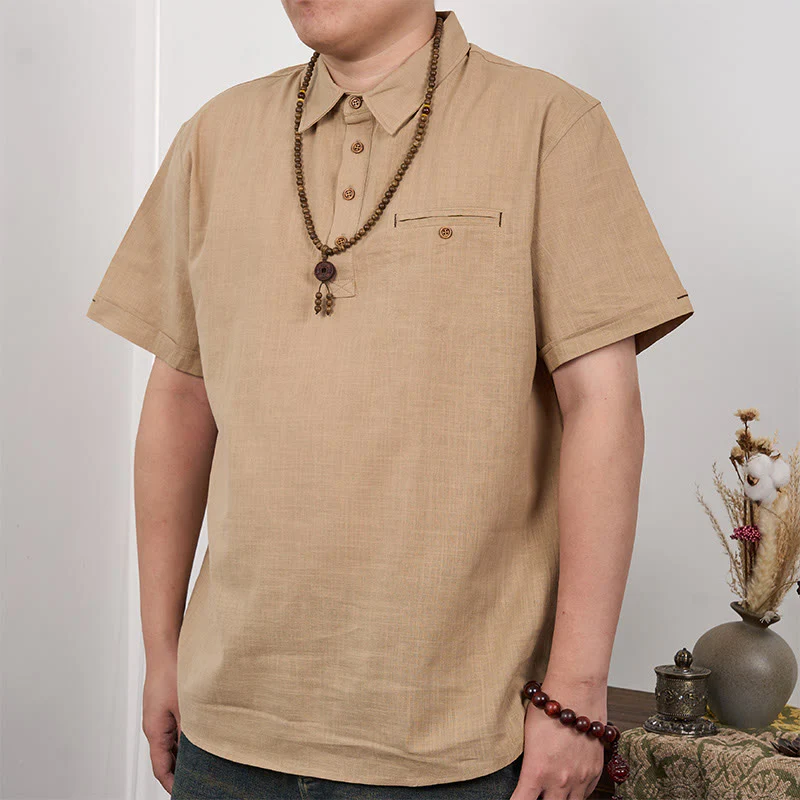 Mocoer Men's Solid Color Button Short Sleeve Cotton Linen Polo Shirt - Mocoer