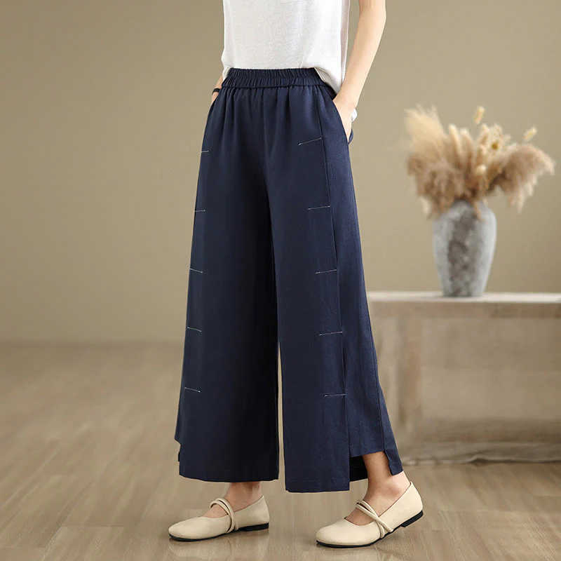 Mocoer Spring Casual Navy Simple Line Design Cotton Linen Women's Wide Leg Pants With Pockets - Mocoer
