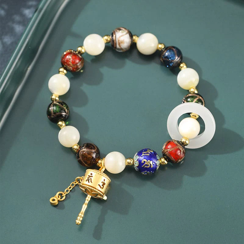 Mocoer Tibetan Incense Ash Liuli Glass Tridacna Stone Sun Stone Om Mani Padme Hum Prayer Wheel Charm Bracelet - Mocoer