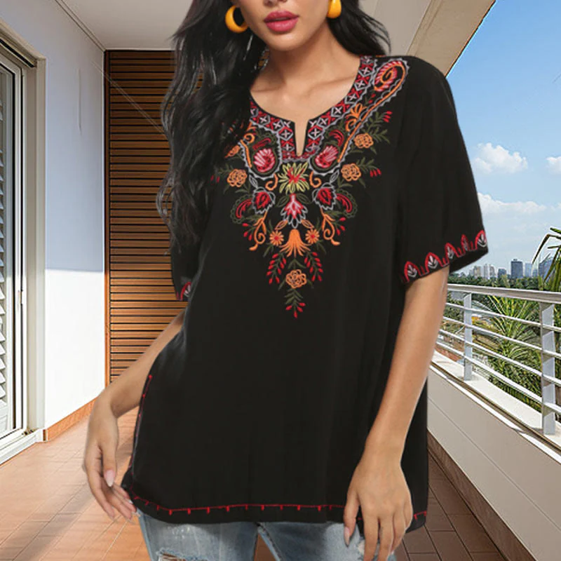 Mocoer Black Casual Embroidery Flower Design Half Sleeve Notched Cotton Women's T-Shirt - Mocoer
