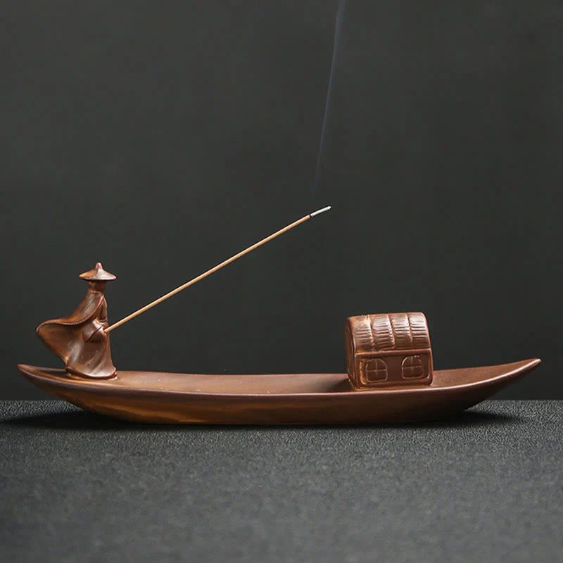 Mocoer Fisherman Fishing Boat Bamboo Buddha Hand Lotus Spiritual Healing Ceramic Stick Incense Burner Decoration - Mocoer
