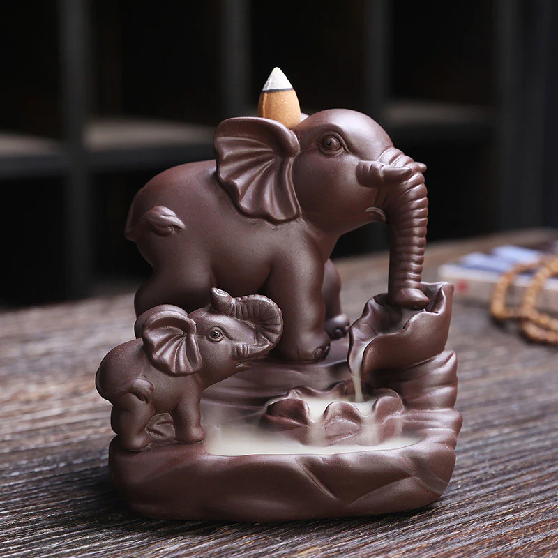 Mocoer Tibetan Elephant Purple Clay Backflow Smoke Fountain Protection Incense Burner Decoration - Mocoer