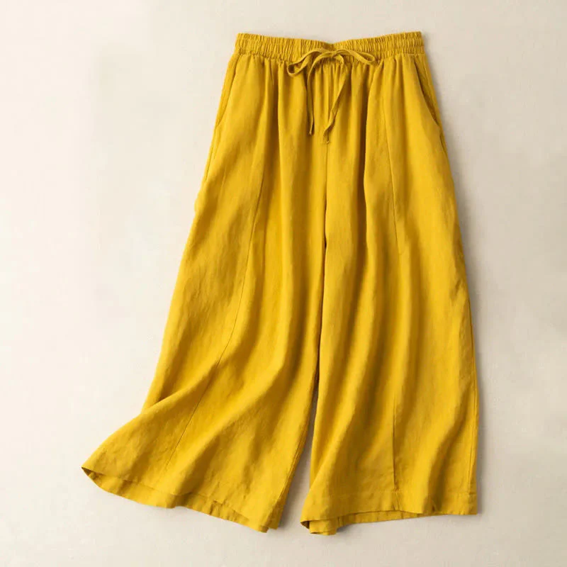 Mocoer Plain Color Cropped Pants Cotton Linen Women's Wide Leg Pants With Pockets - Mocoer
