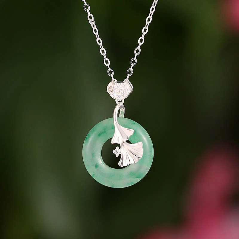 Mocoer 925 Sterling Silver Jade Ginkgo Peace Buckle Ruyi Lock Prosperity Necklace Pendant - Mocoer