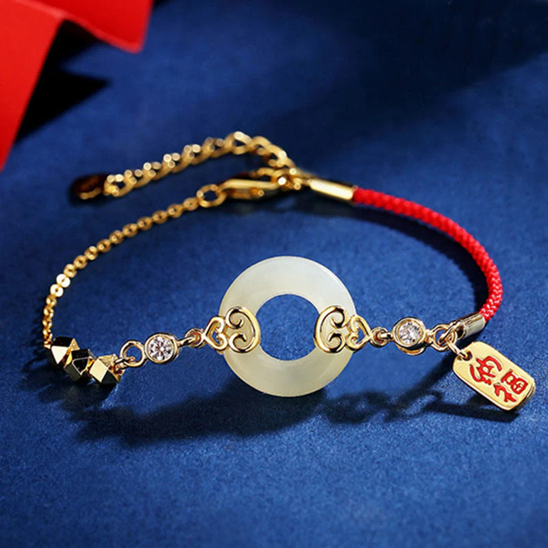 Mocoer 925 Sterling Silver Natural Hetian Jade Gourd Peace Buckle Zircon Luck Bracelet Necklace Pendant Earrings - Mocoer