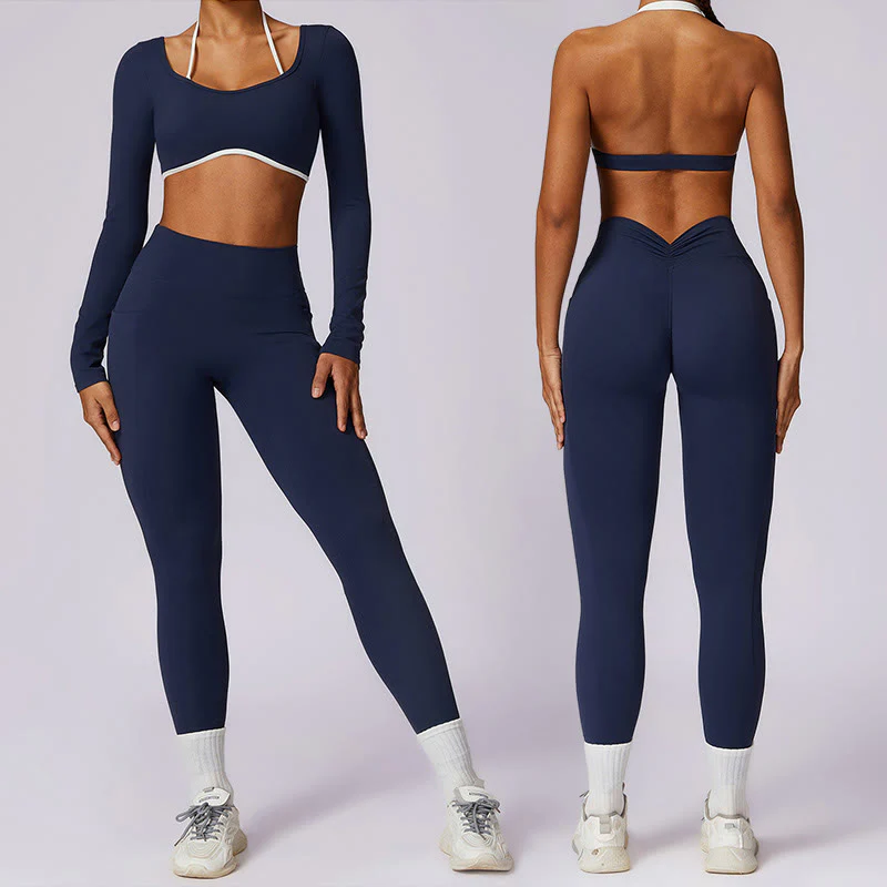 Mocoer Solid Color Halter Neck Bra Long Sleeve Crop Tank Top Pants Sports Fitness Gym Yoga Outfits - Mocoer