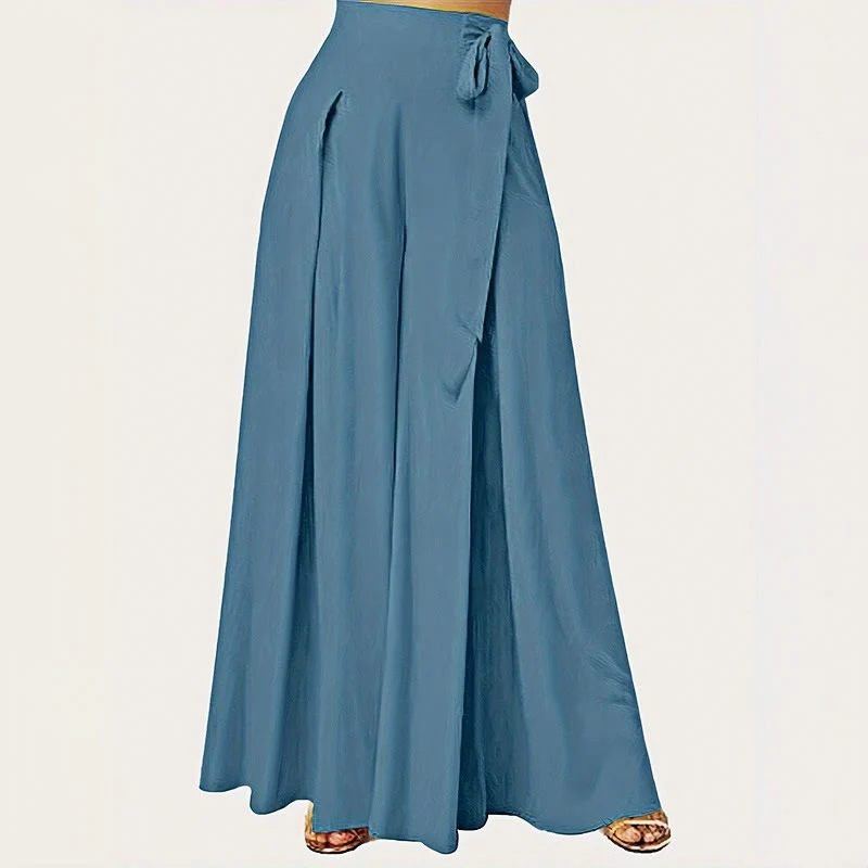 Mocoer Spring Casual Retro Plain Drawstring Women's Wide Leg Pants With Pockets - Mocoer