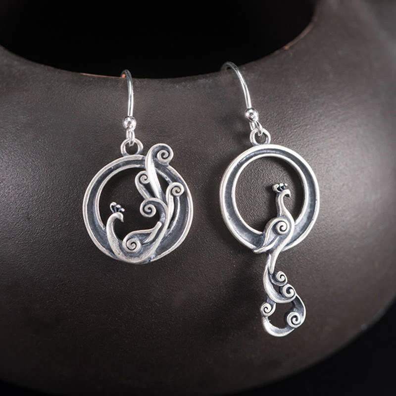 Mocoer 925 Sterling Silver Round Asymmetry Peacock Fortune Earrings - Mocoer