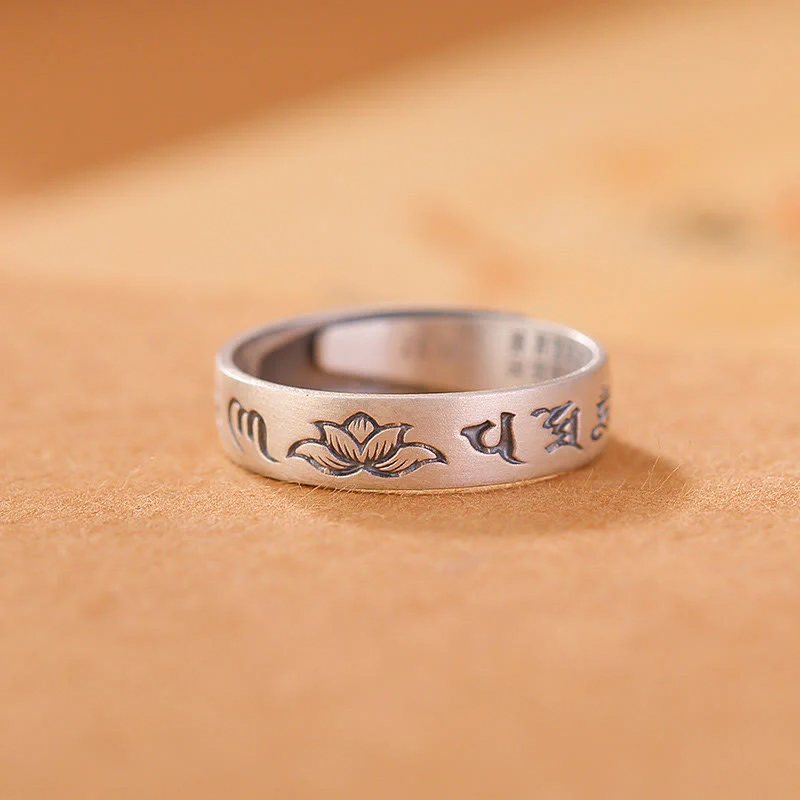 Mocoer 999 Sterling Silver Lotus Six True Words 'om Mani Padme Hum' Adjustable Enlightenment Ring - Mocoer