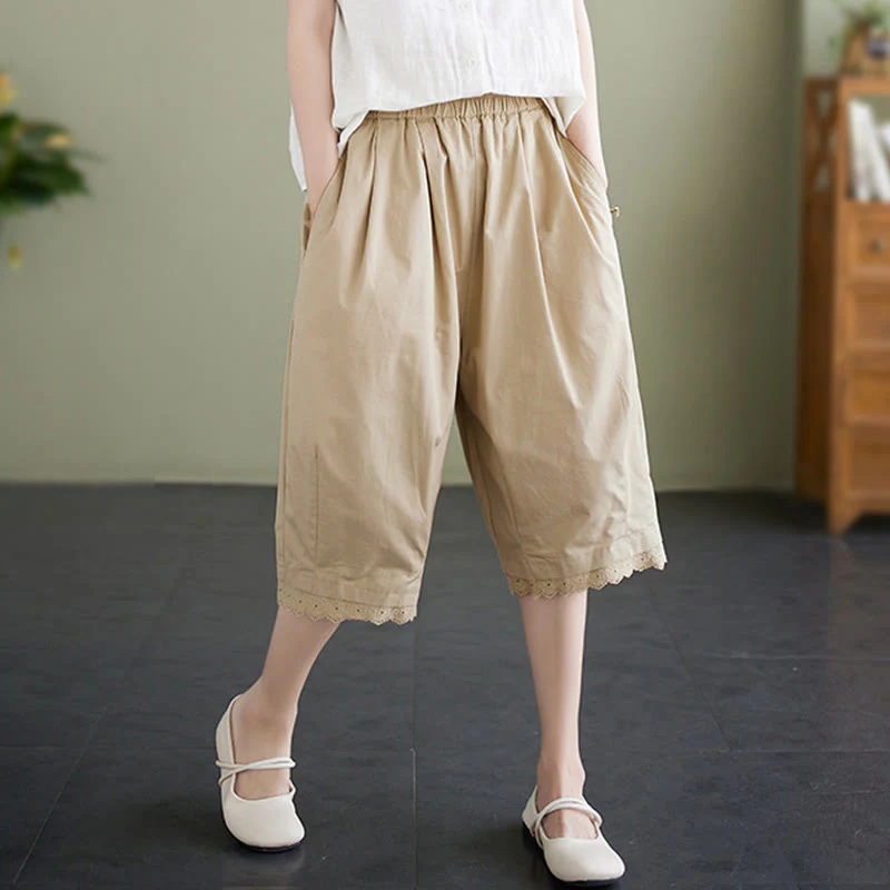 Mocoer Vintage Lace Stitching Design Cotton Linen Women's Harem Pants With Pockets - Mocoer