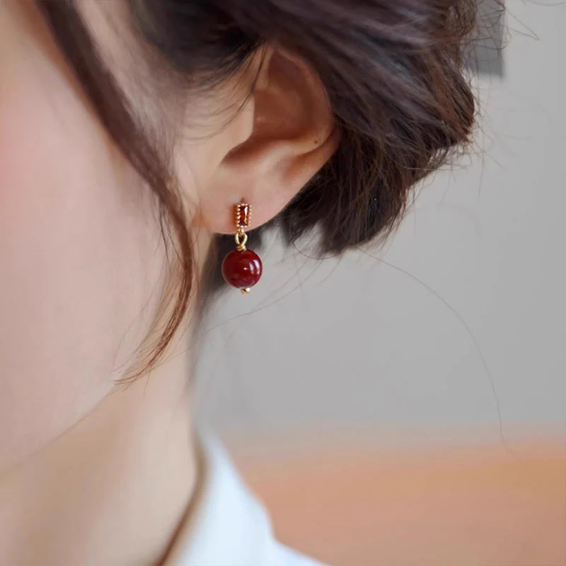 Mocoer 925 Sterling Silver Posts 14K Gold Filled Cinnabar Bead Zircon Calm Earrings - Mocoer