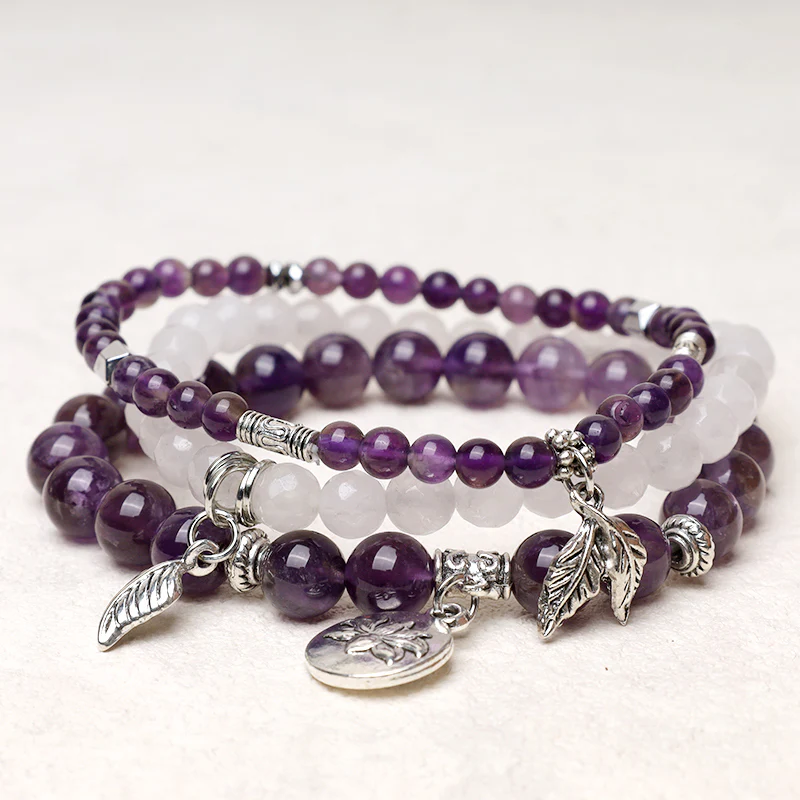 Mocoer 3PCS Natural Quartz Crystal Beaded Healing Energy Lotus Bracelet - Mocoer