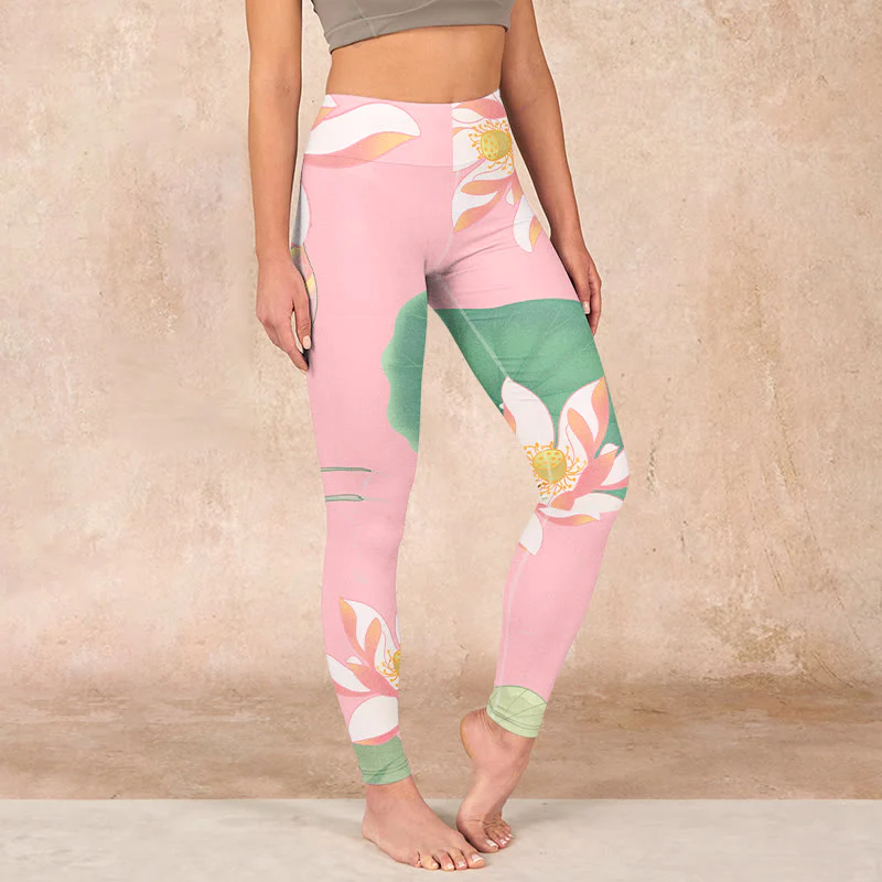 Mocoer Pink Lotus Flower Leaf Print Gym Fitness Leggings Women's Yoga Pants - Mocoer