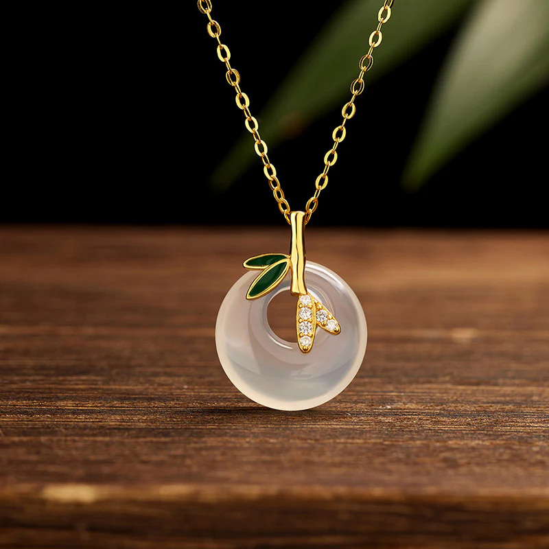 Mocoer 925 Sterling Silver Natural Chalcedony Bamboo Leaf Peace Buckle Positive Necklace Pendant - Mocoer