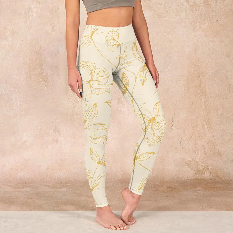 Mocoer Beige Flower Vine Print Gym Leggings Women's Yoga Pants - Mocoer