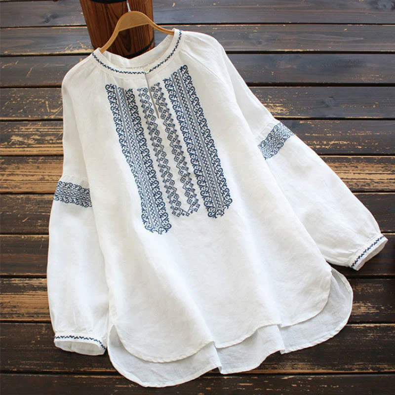 Mocoer Ethnic Embroidery Bohemian Pattern Long Sleeve Crew Neck Women's Shirt - Mocoer