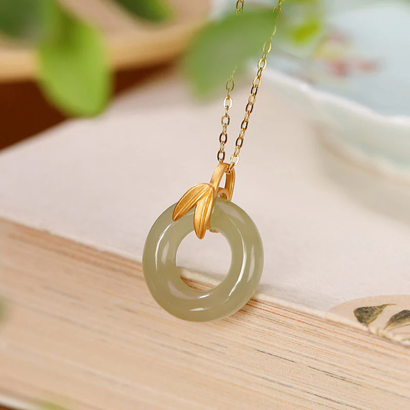 Mocoer 925 Sterling Silver Cyan Jade Peace Buckle Bamboo Leaf Harmony Necklace Pendant - Mocoer