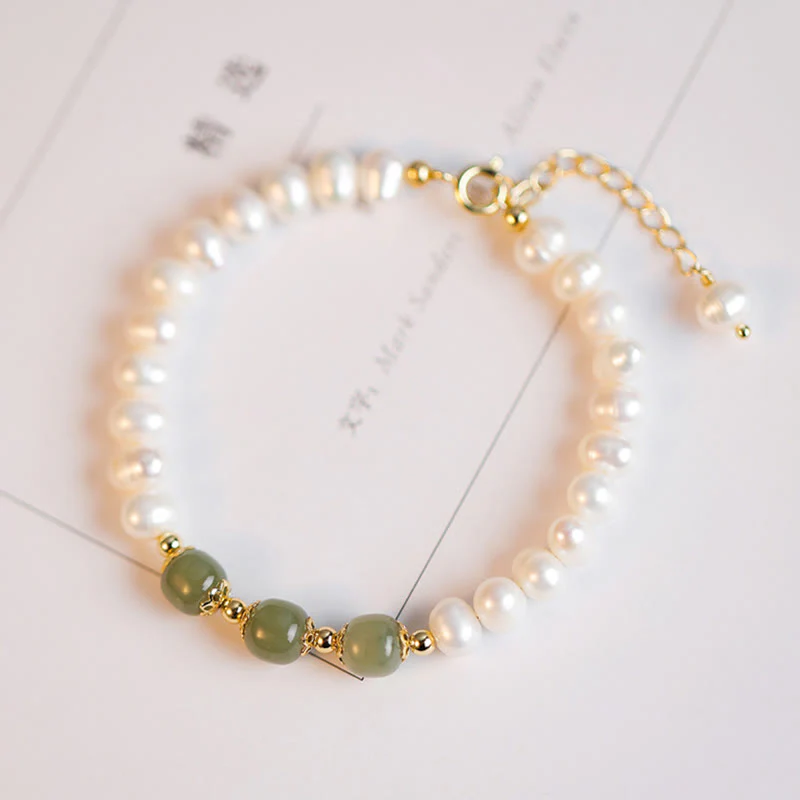 Mocoer 14K Gold Plated Natural Pearl Hetian Cyan Jade White Jade Sincerity Bead Chain Bracelet - Mocoer