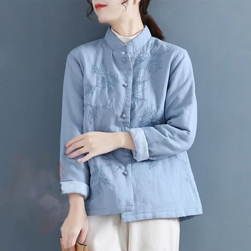 Mocoer Retro Flower Design Thermal Long Sleeve Cotton Linen Women's Shirt - Mocoer