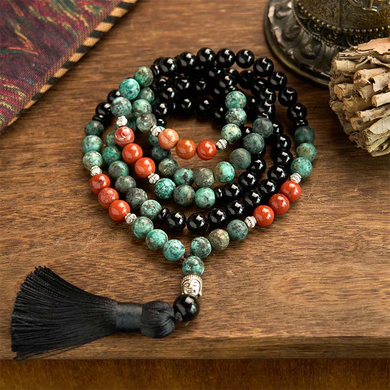 Mocoer 108 Mala Natural Black Onyx Red Jasper Turquoise Beads Buddha Head Tassel Protection Bracelet - Mocoer