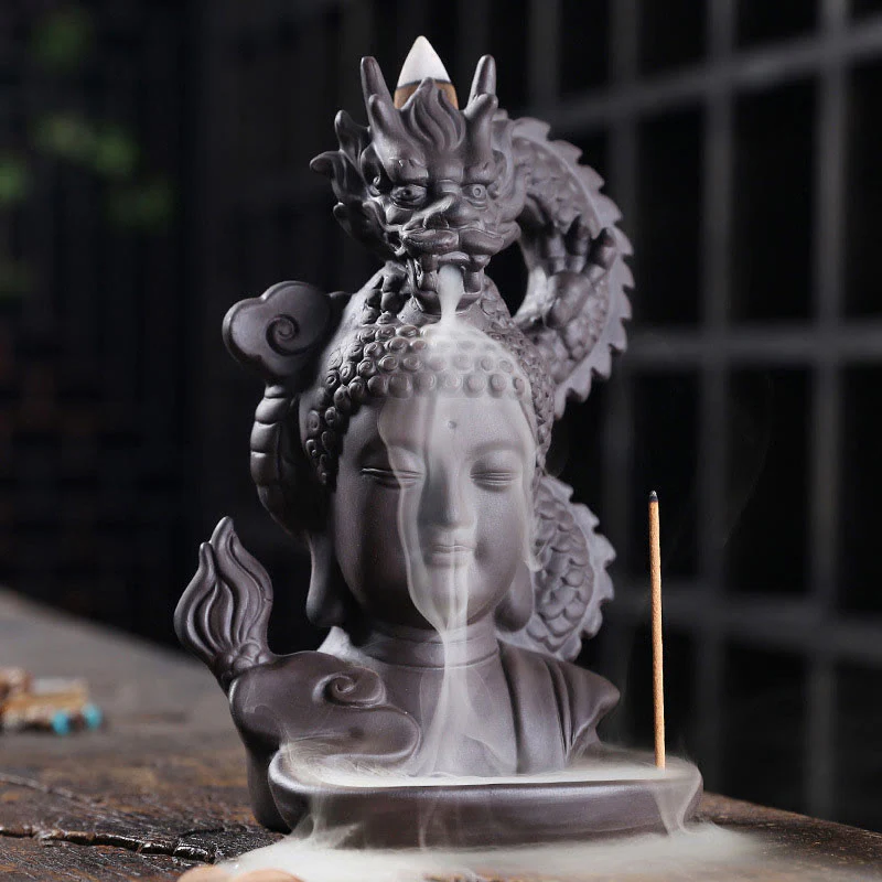 Mocoer Dragon Buddha Auspicious Clouds Purple Clay Healing Incense Burner Decoration - Mocoer