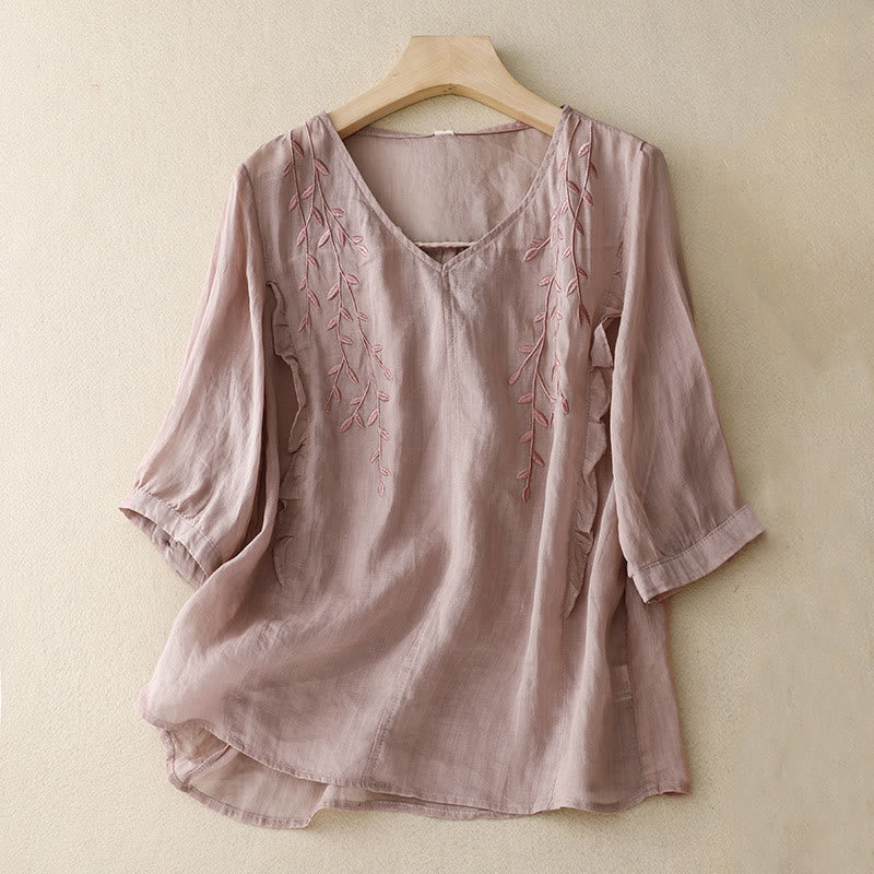 Mocoer Women's Vines Embroidery Design Half Sleeve Cotton Linen Shirt - Mocoer