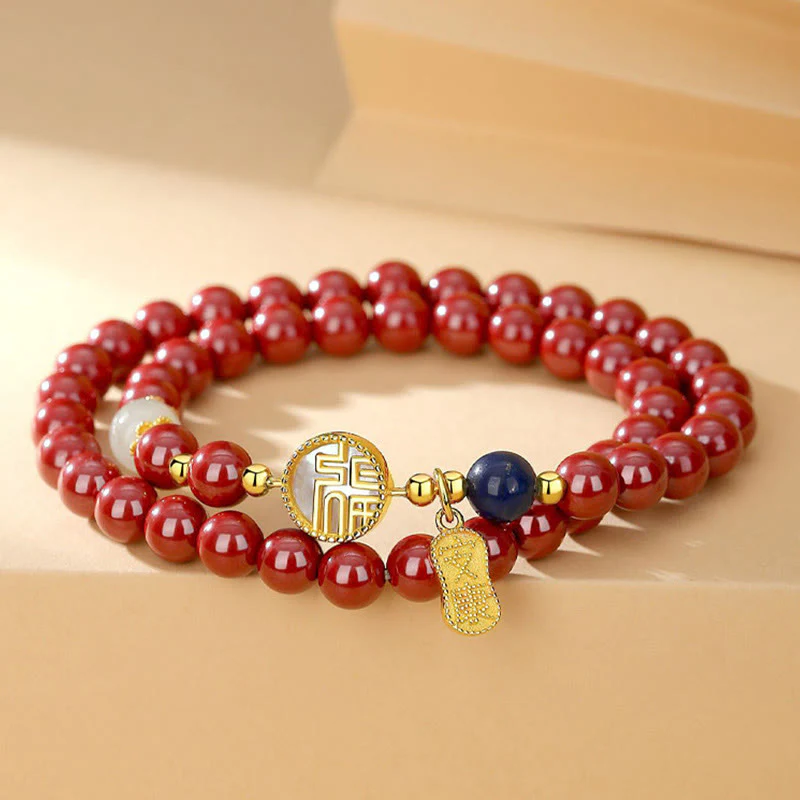 Mocoer 925 Sterling Silver Cinnabar Tridacna Stone Fu Character Double Wrap Blessing Bracelet - Mocoer