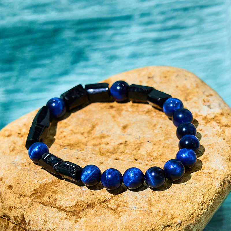 Mocoer Blue Tiger Eye Black Tourmaline Strength Bracelet - Mocoer