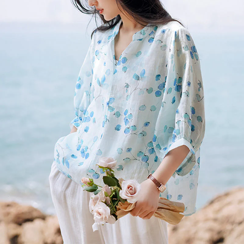 Mocoer Fruits Leaves Pattern Lantern Sleeve Top Loose Tee T-shirt - Mocoer