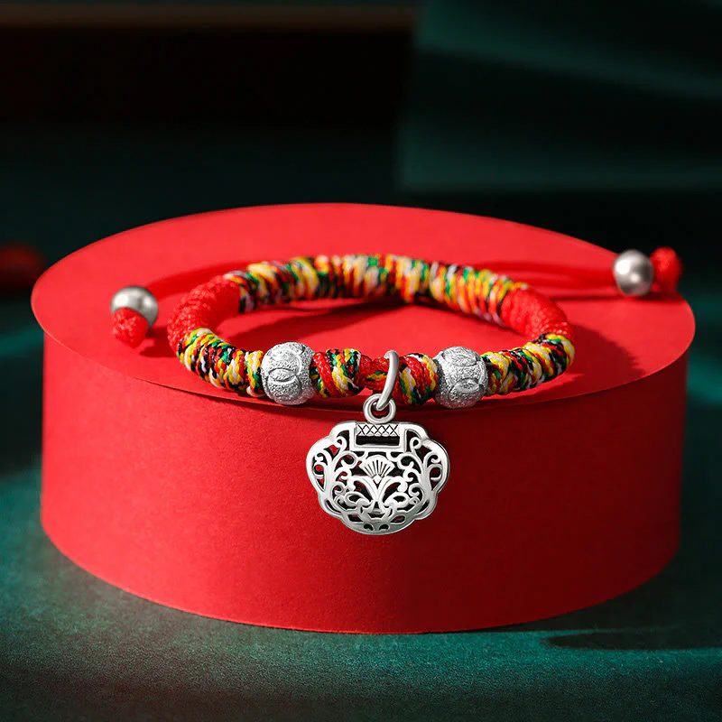 Mocoer 925 Sterling Silver Chinese Lock Charm Multicolored Red String Protection Handmade Braided Kids Bracelet - Mocoer