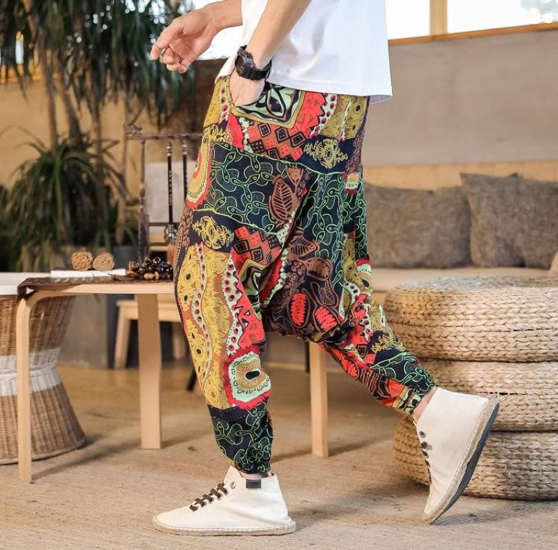Mocoer Red Gold Casual Leaves Print Cotton Men's Harem Pants With Pockets - Mocoer