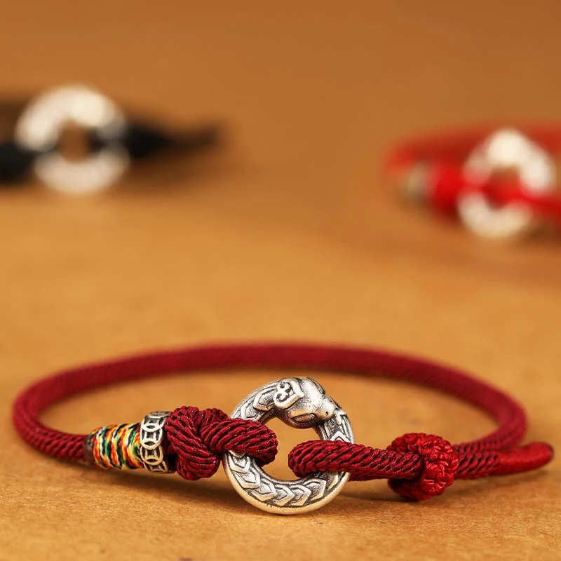 Mocoer Red String 999 Sterling Silver Peace Buckle Coin Year of the Snake Strength Bracelet - Mocoer