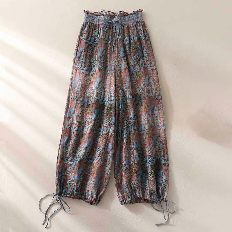 Mocoer Summer Women's Blue Leaves Plants Pants With Pockets - Mocoer