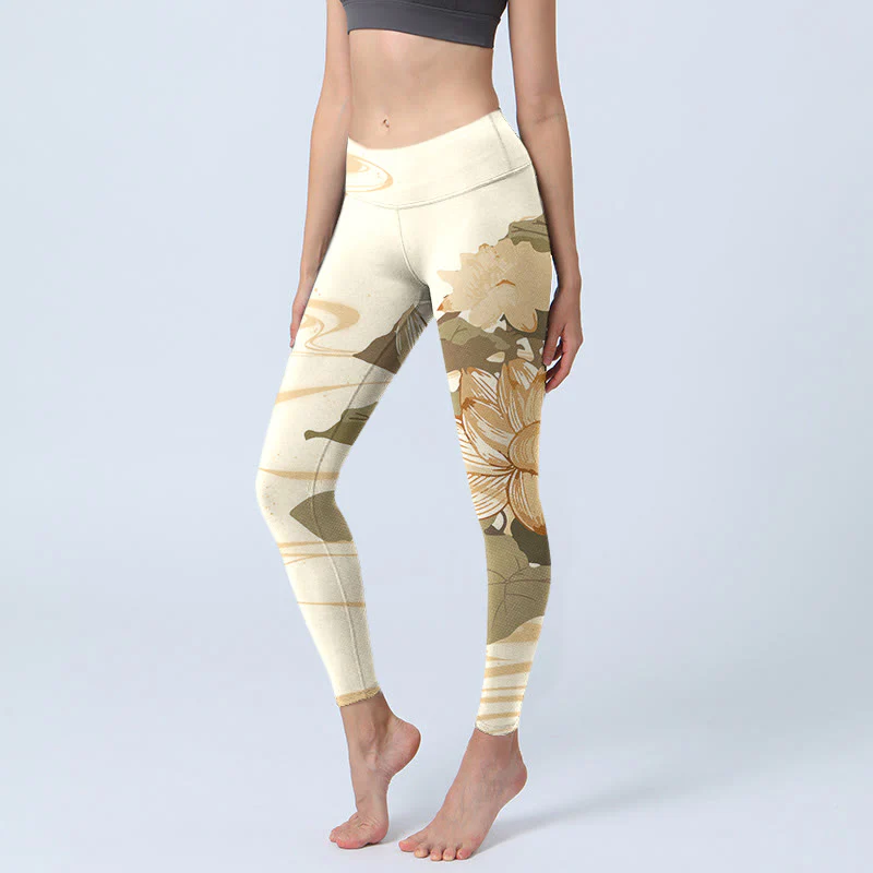 Mocoer Beige Lotus Flower Print Gym Fitness Leggings Women's Yoga Pants - Mocoer