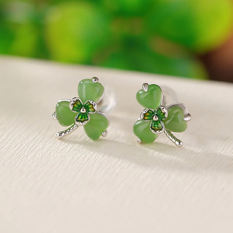 Mocoer 925 Sterling Silver Enamel Hetian Jade Shamrock Luck Earrings - Mocoer