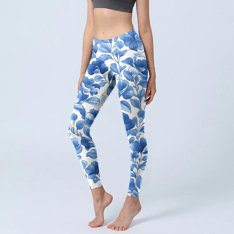 Mocoer Blue Flowers Print Fitness Leggings Women's Yoga Pants - Mocoer