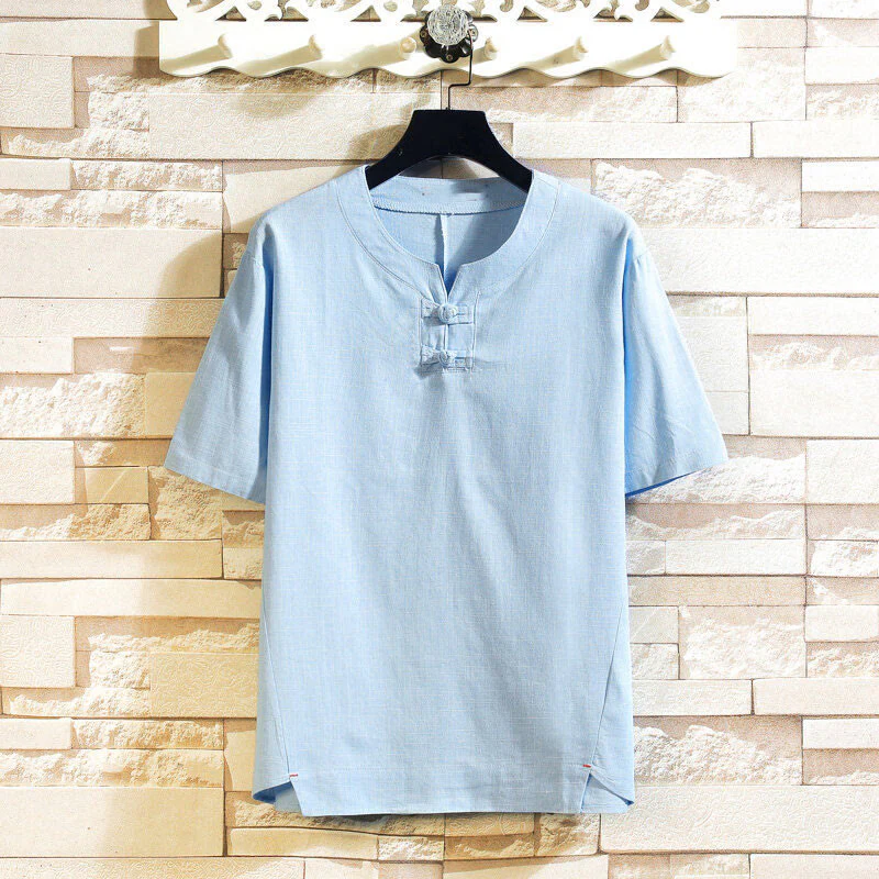Mocoer Summer Chinese Frog-button Men's Solid Color Button Short Sleeve Cotton Linen Shirt - Mocoer