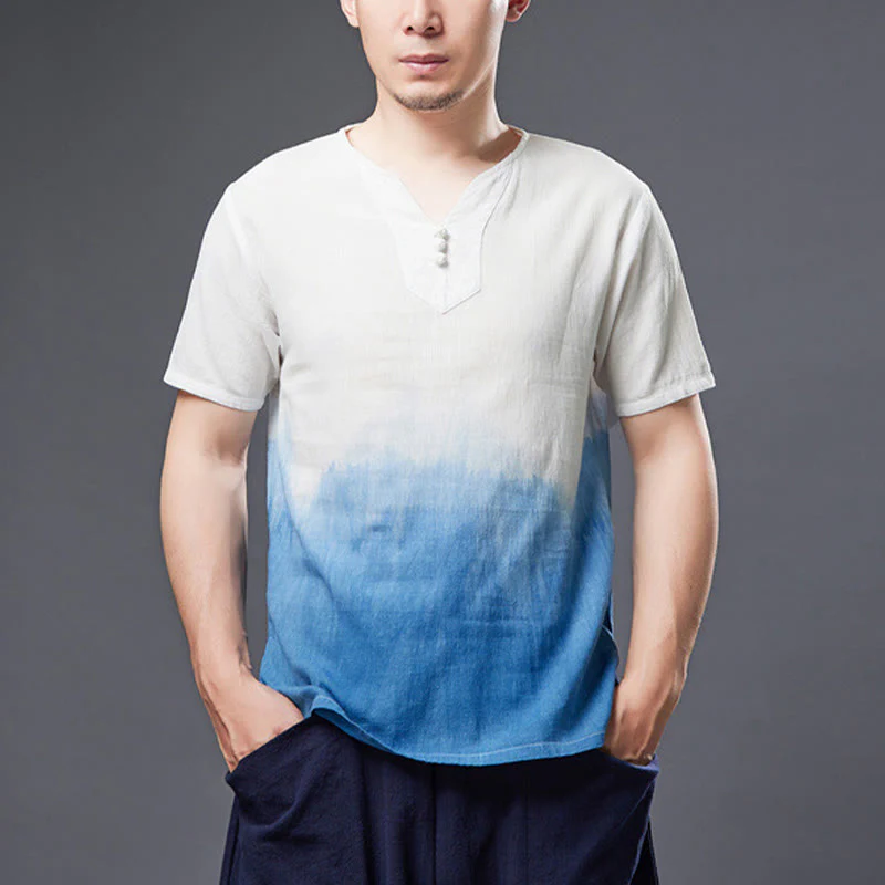 Mocoer White Blue Gradient Men's Short Sleeve Indigo Dyeing Cotton Linen Shirt - Mocoer