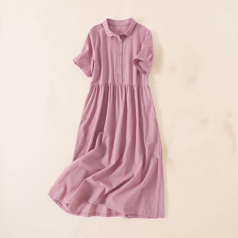 Mocoer Summer Buttons Design Short Sleeve Cotton Linen Midi Dress With Pockets - Mocoer