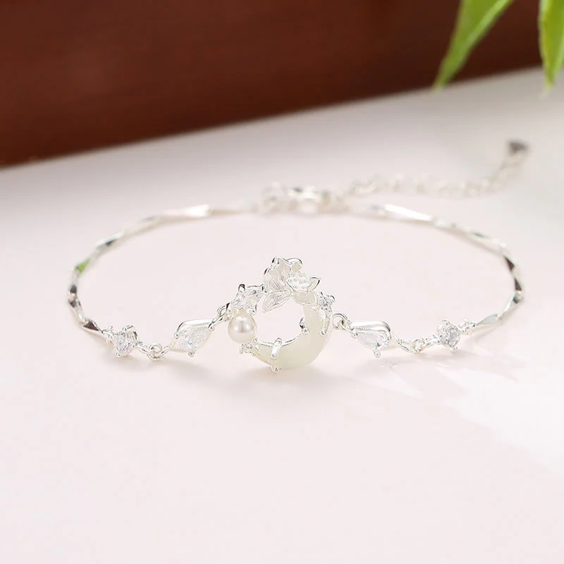 Mocoer Hetian Jade 925 Sterling Silver Cubic Zirconia Pearl Lotus Bracelet - Mocoer