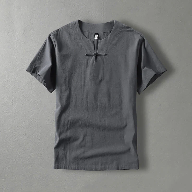 Mocoer Casual Plain Color Short Sleeve One Frog Button Cotton Linen Men's Shirt - Mocoer