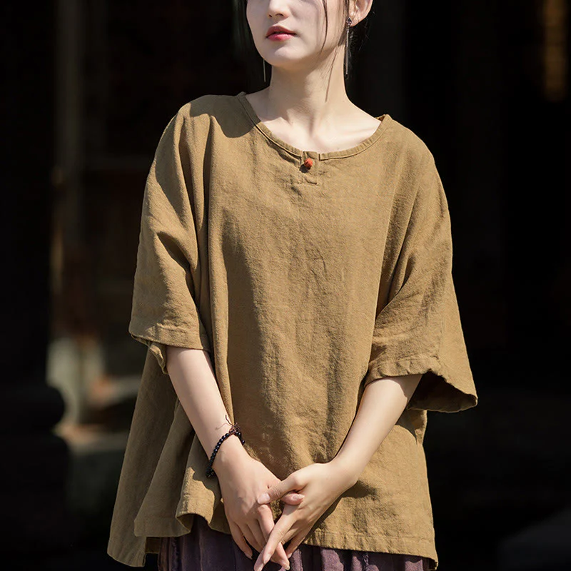 Mocoer Causal Half Sleeve Ramie Linen Cotton T-shirt Tee - Mocoer