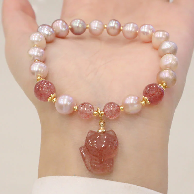 Mocoer Natural Pearl Strawberry Quartz Cute Fox Love Healing Charm Bracelet - Mocoer