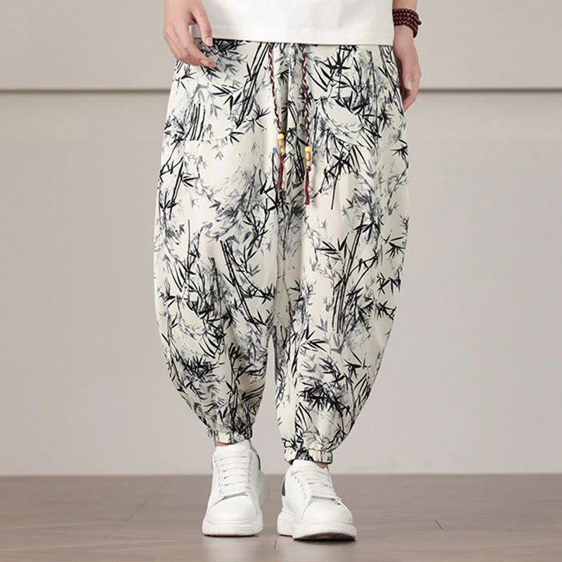 Mocoer Bamboo Leaf Pattern Drawstring Men's Harem Pants With Pockets - Mocoer