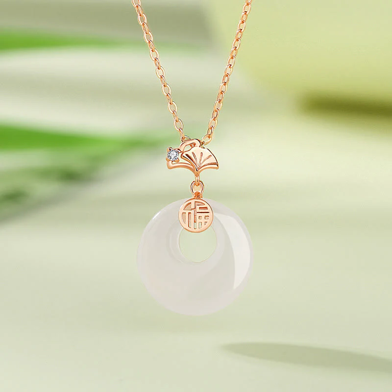Mocoer 925 Sterling Silver Ginkgo Leaf Butterfly Rose Chalcedony Hetian Jade Peace Buckle Fu Character Harmony Necklace Pendant - Mocoer