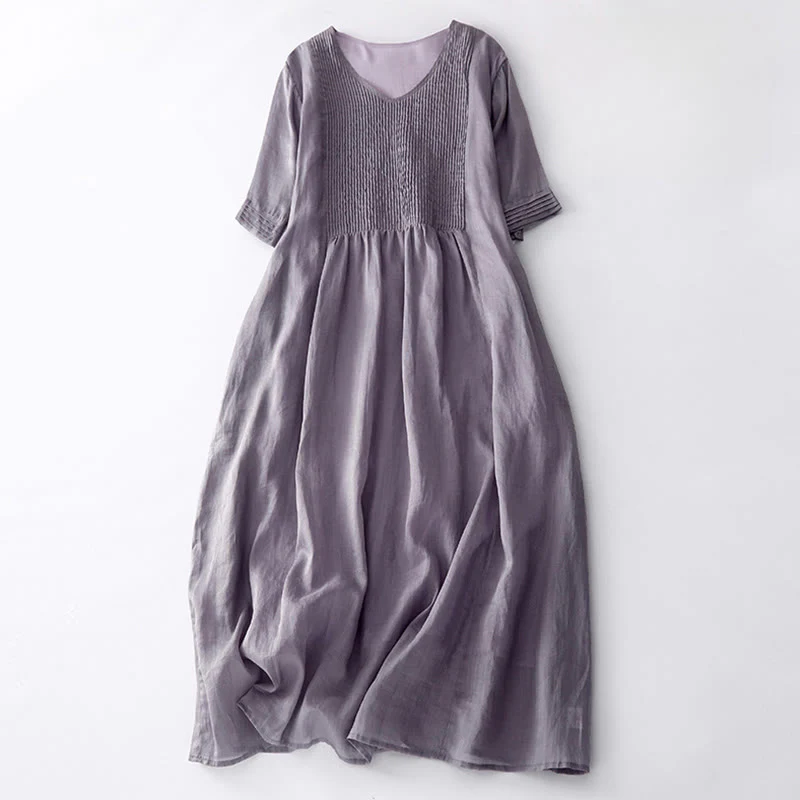 Mocoer Casual Accordion Pleat Plain V-neck Short Sleeve Linen Midi Dress With Pockets - Mocoer